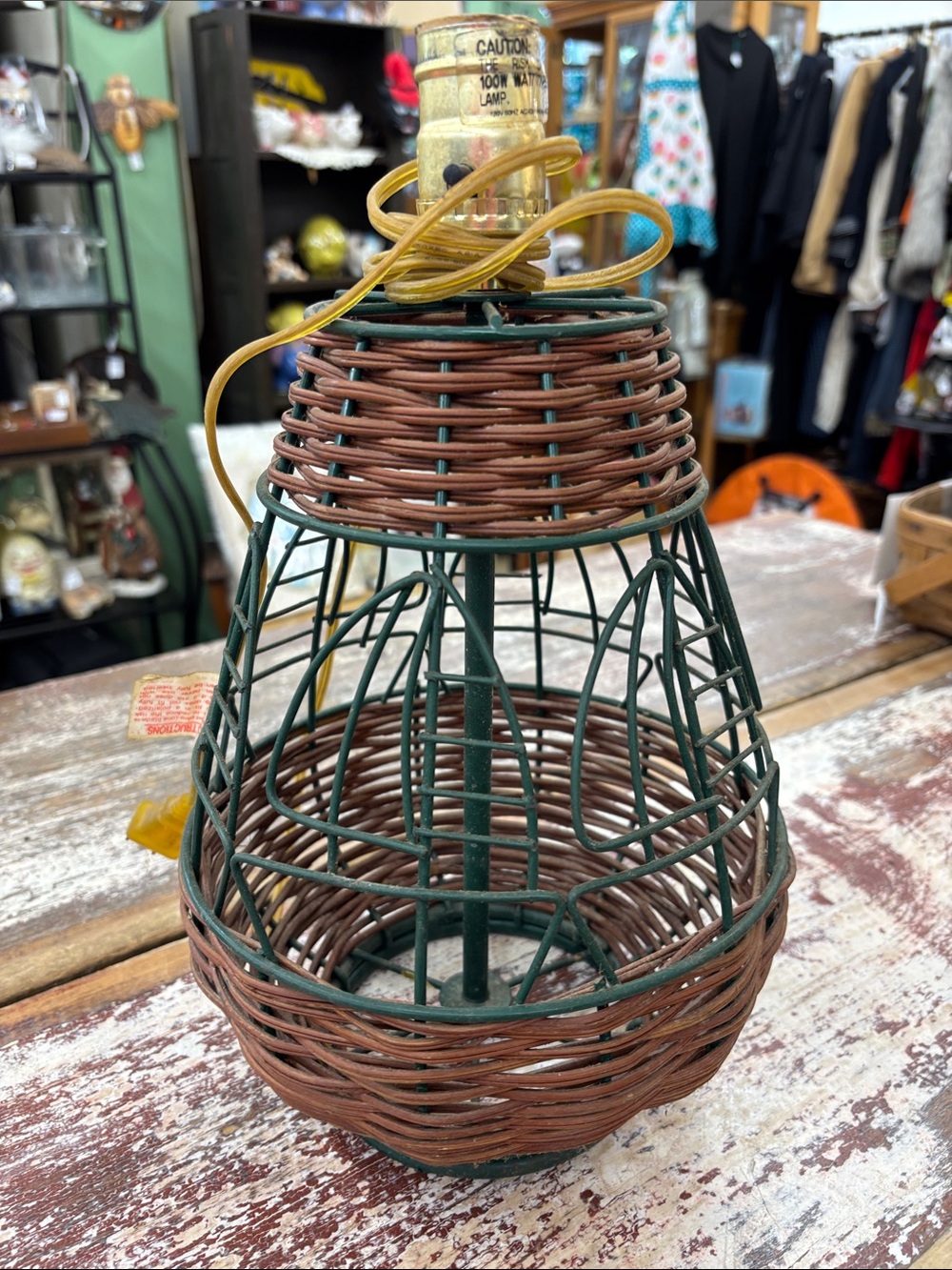 Vintage Rustic Brown & Green Woven Table Lamp Sailboat Lake Vibes